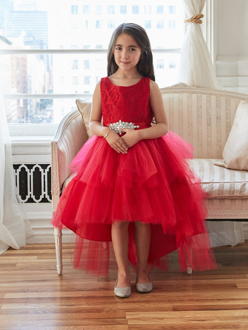 Calla D825 Girls Layered High-Low Dress with Lace Bodice