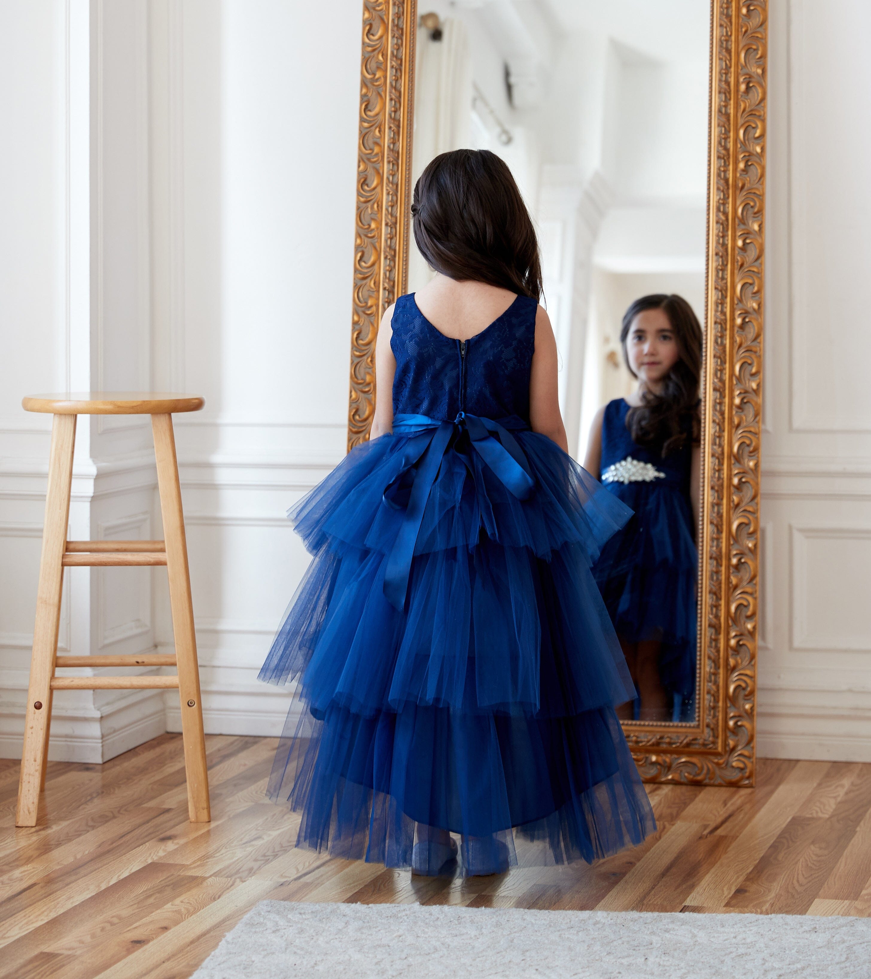 Calla D825 Girls Layered High-Low Dress with Lace Bodice