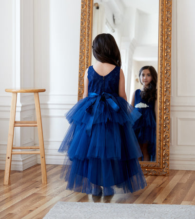 Calla D825 Girls Layered High-Low Dress with Lace Bodice