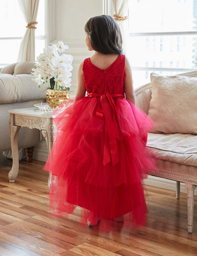Calla D825 Girls Layered High-Low Dress with Lace Bodice