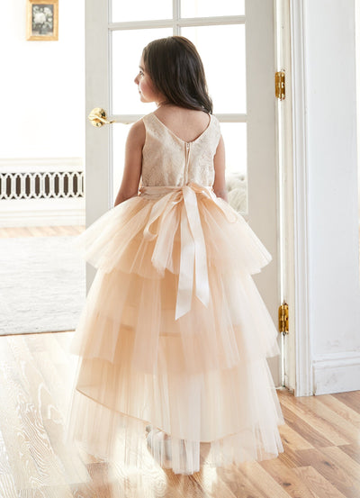 Calla D825 Girls Layered High-Low Dress with Lace Bodice