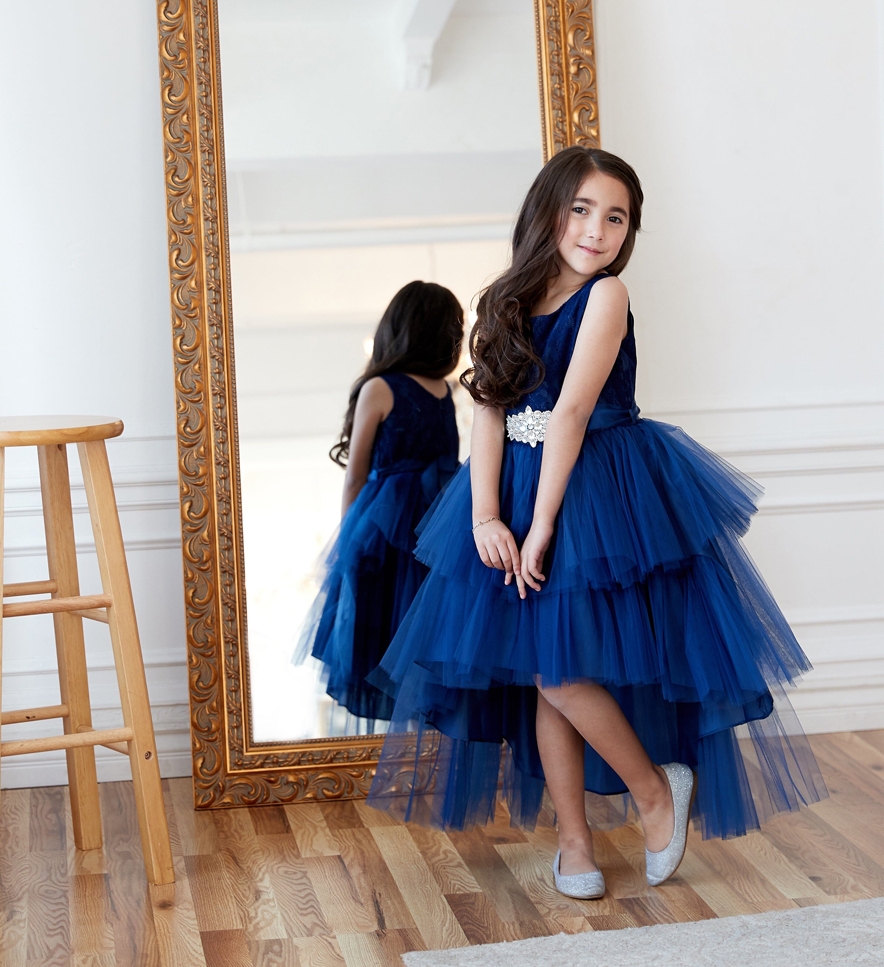 Calla D825 Girls Layered High-Low Dress with Lace Bodice