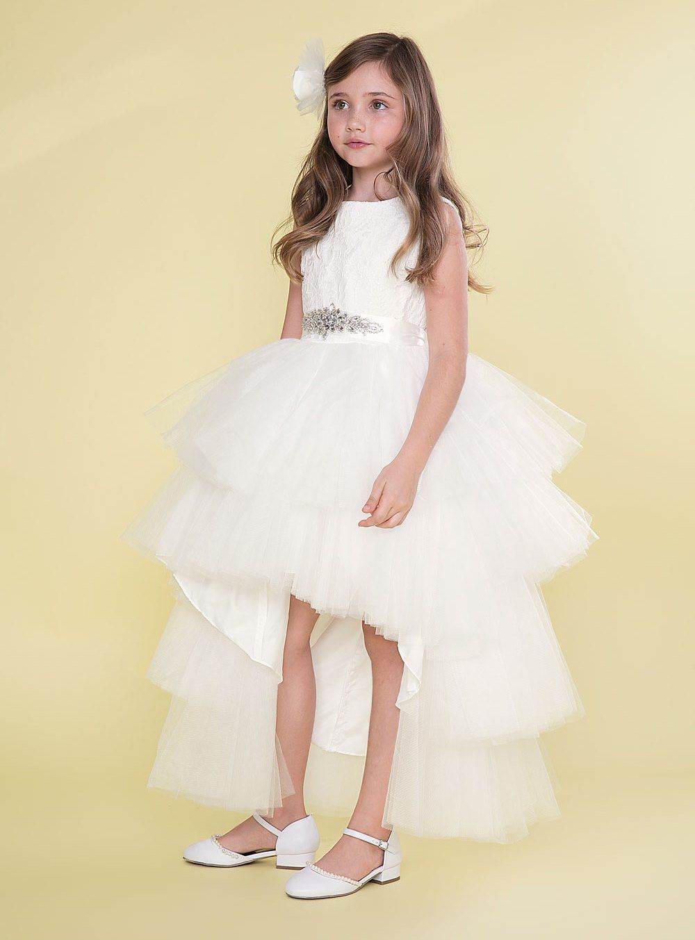 Calla D825 Girls Layered High-Low Dress with Lace Bodice