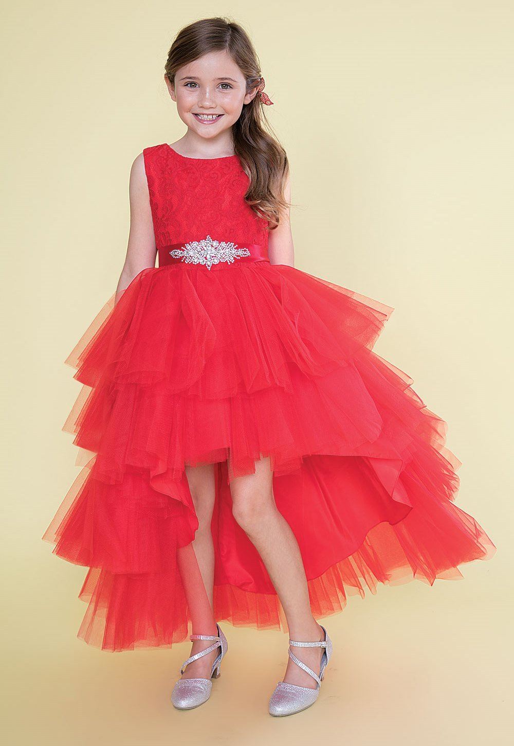 Calla D825 Girls Layered High-Low Dress with Lace Bodice