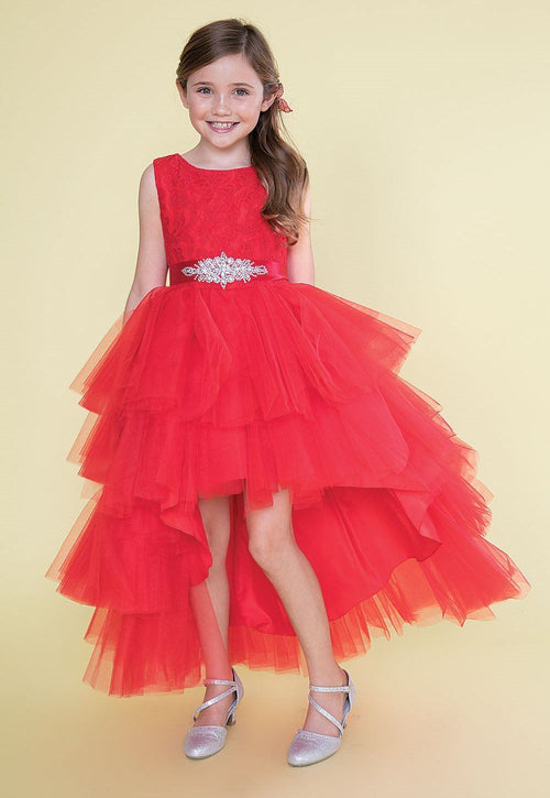 Calla D825 Girls Layered High-Low Dress with Lace Bodice