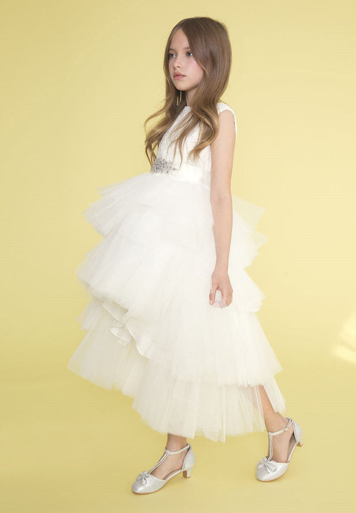 Calla D825 Girls Layered High-Low Dress with Lace Bodice