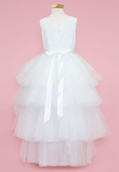 Calla D825 Girls Layered High-Low Dress with Lace Bodice