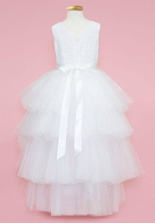 Calla D825 Girls Layered High-Low Dress with Lace Bodice