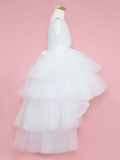 Calla D825 Girls Layered High-Low Dress with Lace Bodice