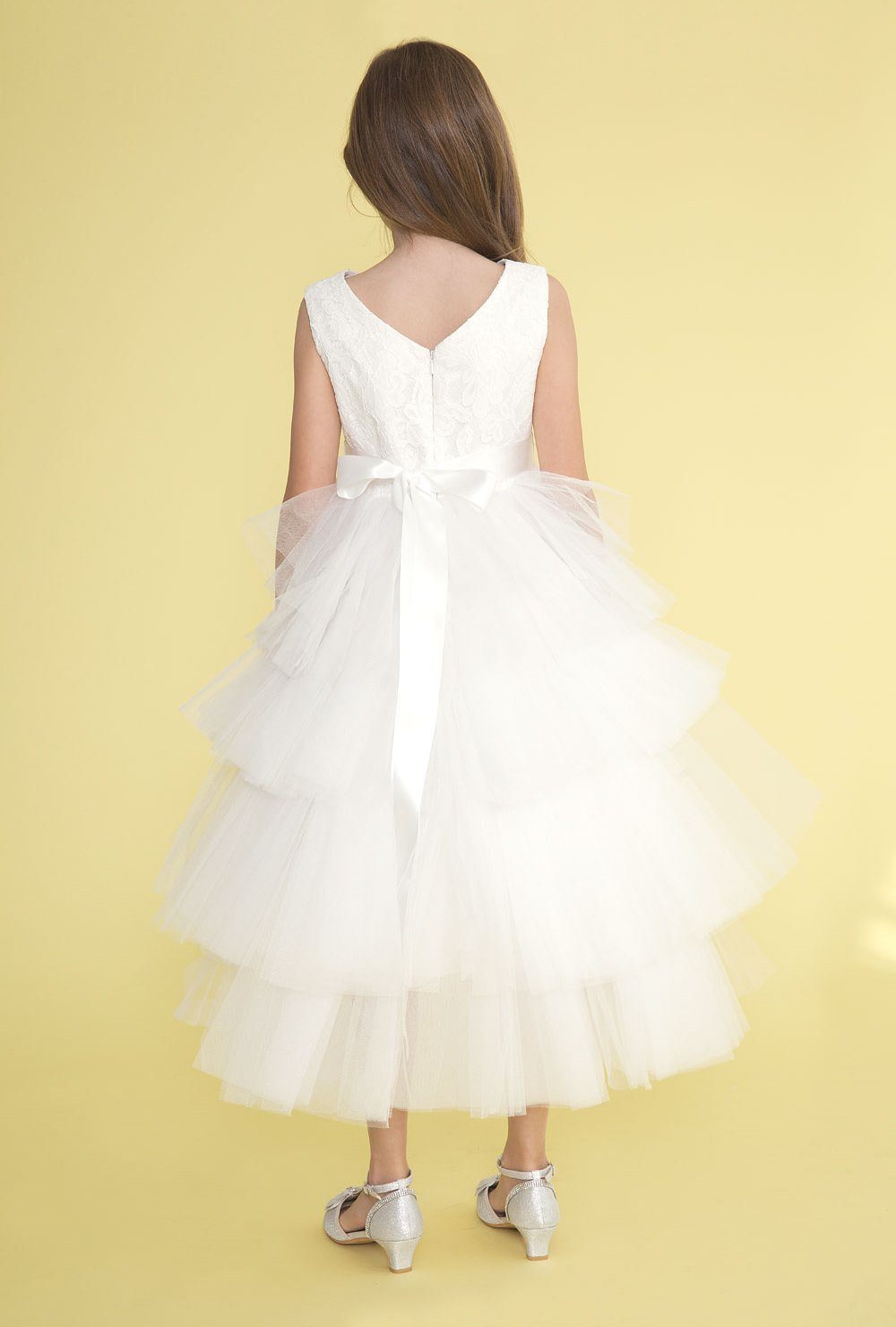 Calla D825 Girls Layered High-Low Dress with Lace Bodice