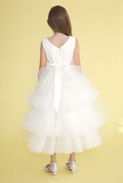 Calla D825 Girls Layered High-Low Dress with Lace Bodice