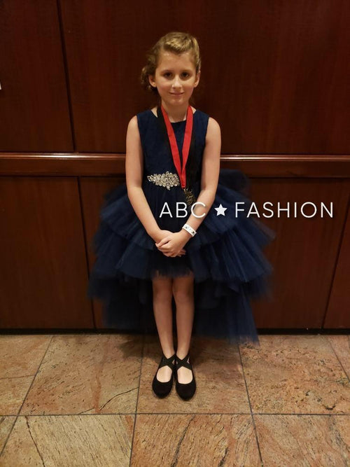 Calla D825 Girls Layered High-Low Dress with Lace Bodice