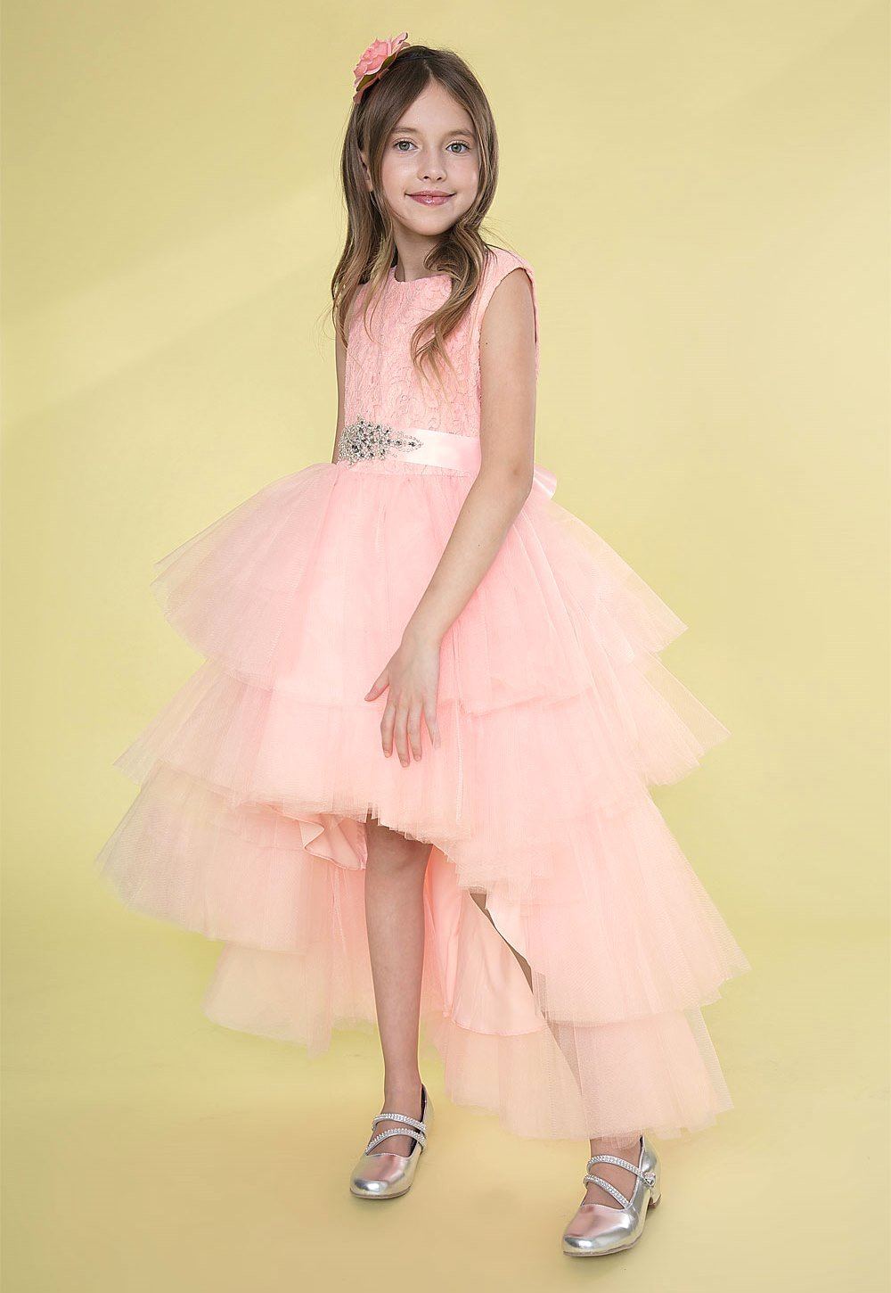 Calla D825 Girls Layered High-Low Dress with Lace Bodice