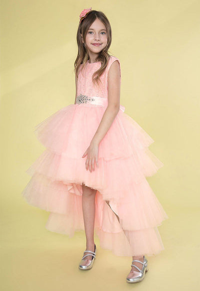 Calla D825 Girls Layered High-Low Dress with Lace Bodice