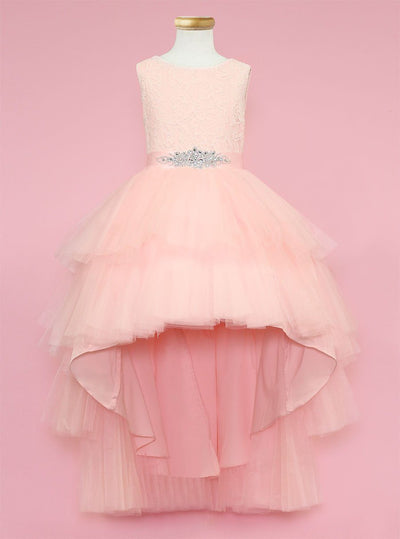 Calla D825 Girls Layered High-Low Dress with Lace Bodice