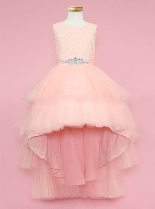 Calla D825 Girls Layered High-Low Dress with Lace Bodice