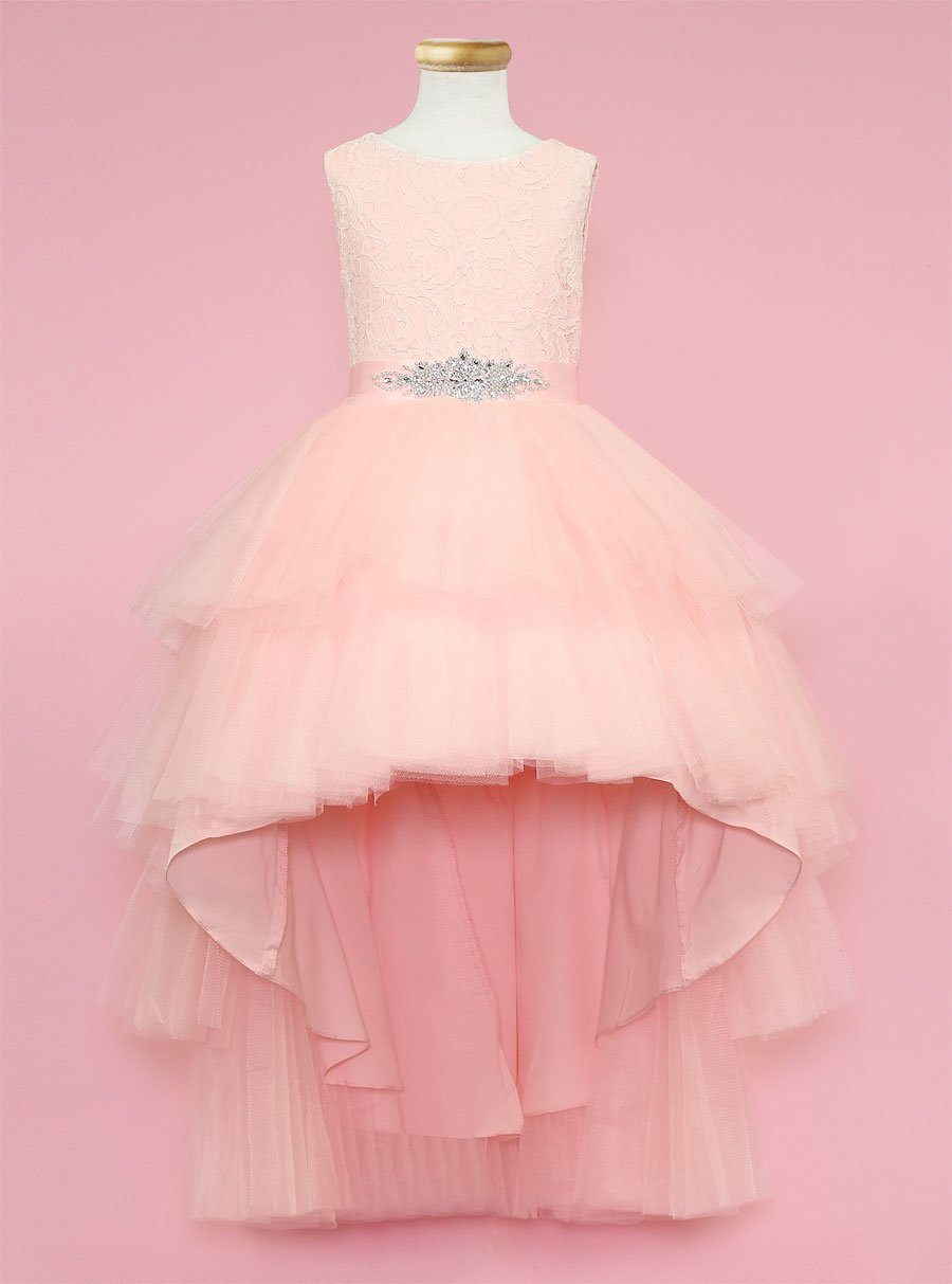 Calla D825 Girls Layered High-Low Dress with Lace Bodice