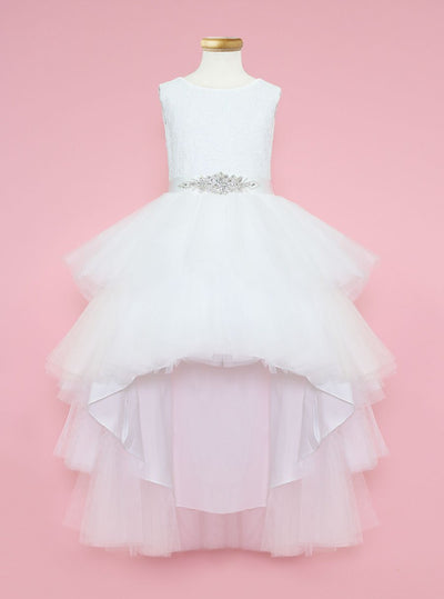 Calla D825 Girls Layered High-Low Dress with Lace Bodice
