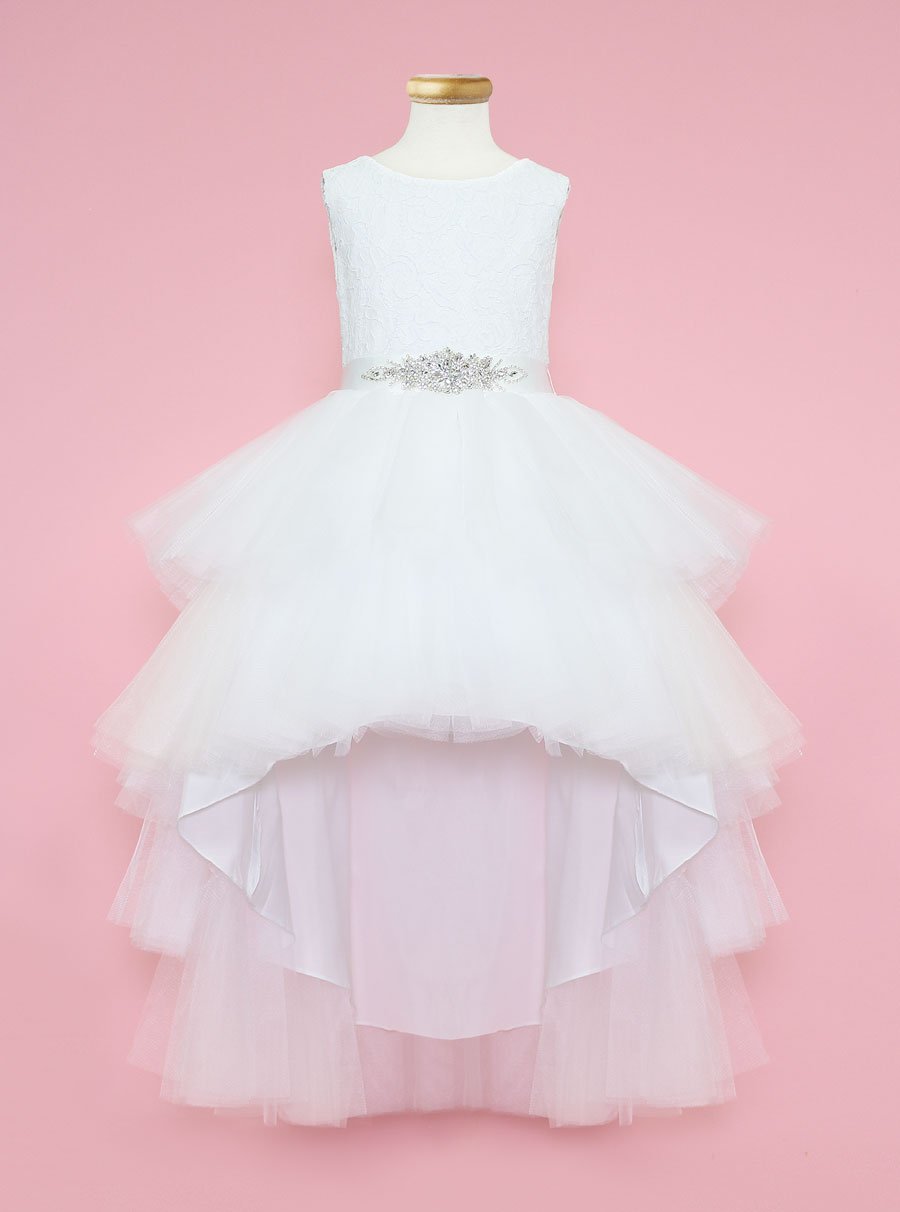 Calla D825 Girls Layered High-Low Dress with Lace Bodice