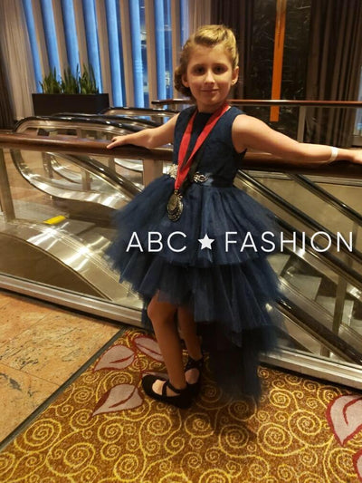 Calla D825 Girls Layered High-Low Dress with Lace Bodice