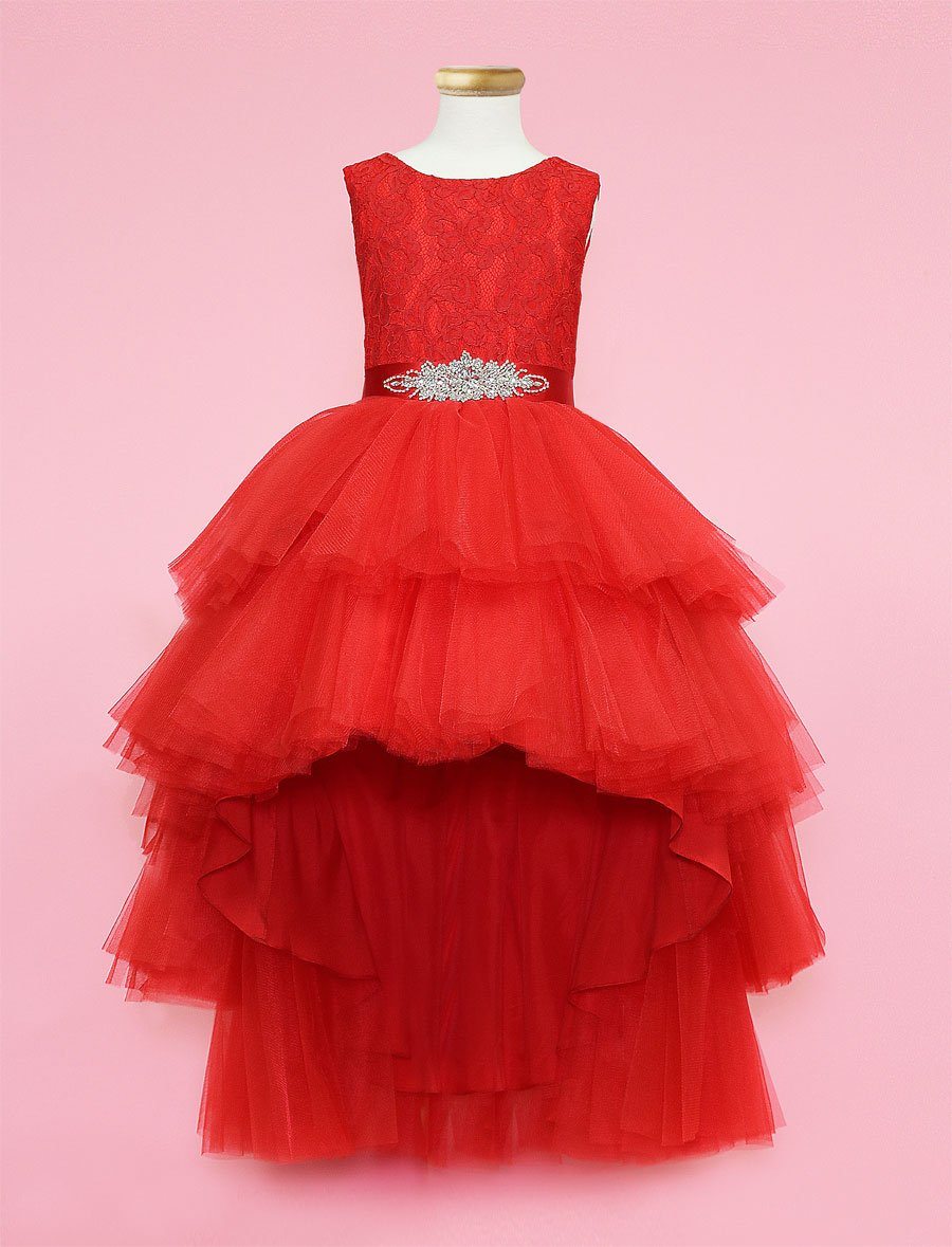 Calla D825 Girls Layered High-Low Dress with Lace Bodice
