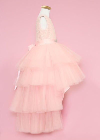 Calla D825 Girls Layered High-Low Dress with Lace Bodice