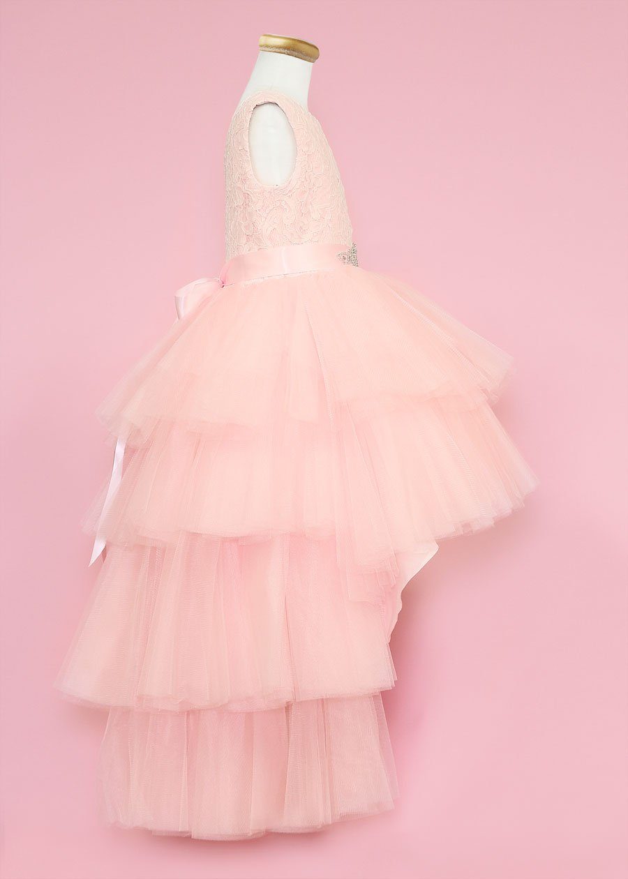 Calla D825 Girls Layered High-Low Dress with Lace Bodice
