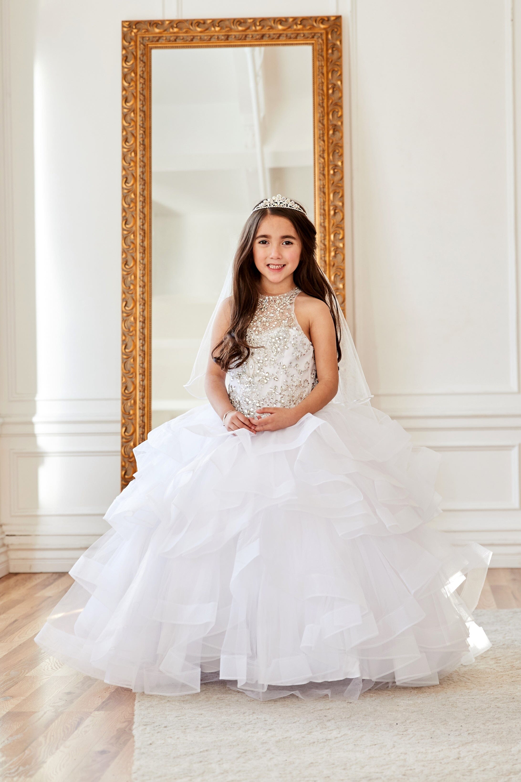Girls Long Layered Dress with Beaded Bodice by Calla KY217