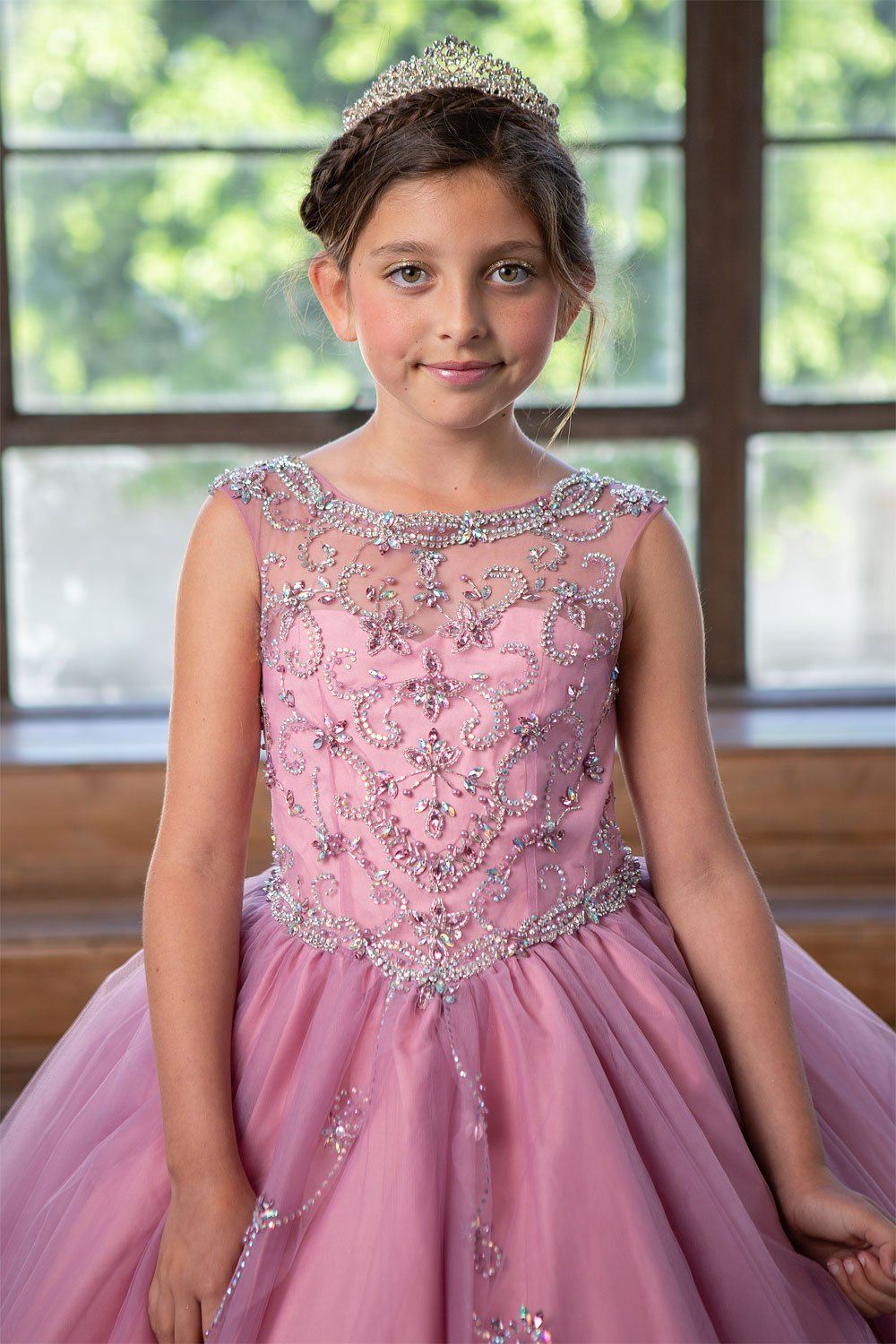 Girls Long Beaded Illusion Dress with A-Line Skirt by Calla KY220