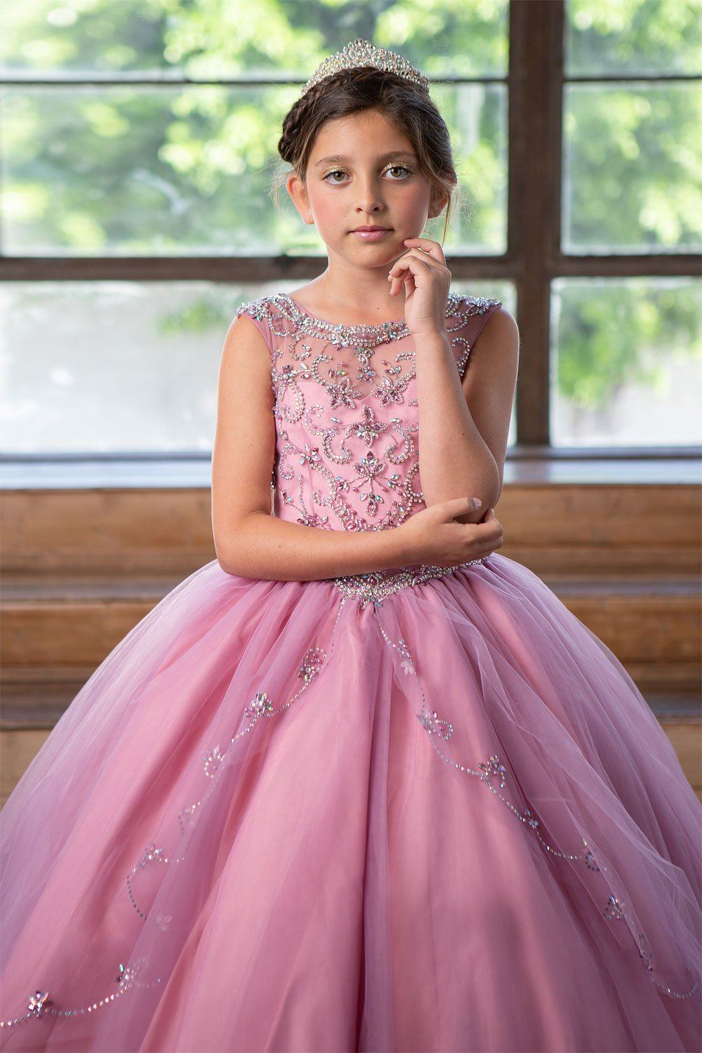 Girls Long Beaded Illusion Dress with A-Line Skirt by Calla KY220