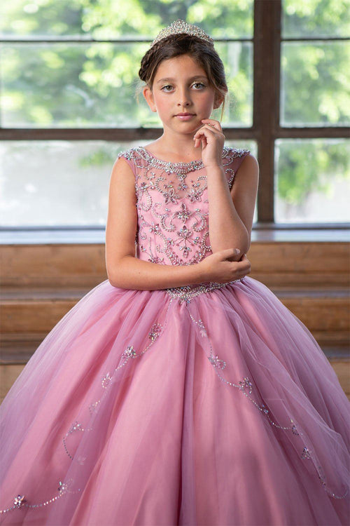 Girls Long Beaded Illusion Dress with A-Line Skirt by Calla KY220