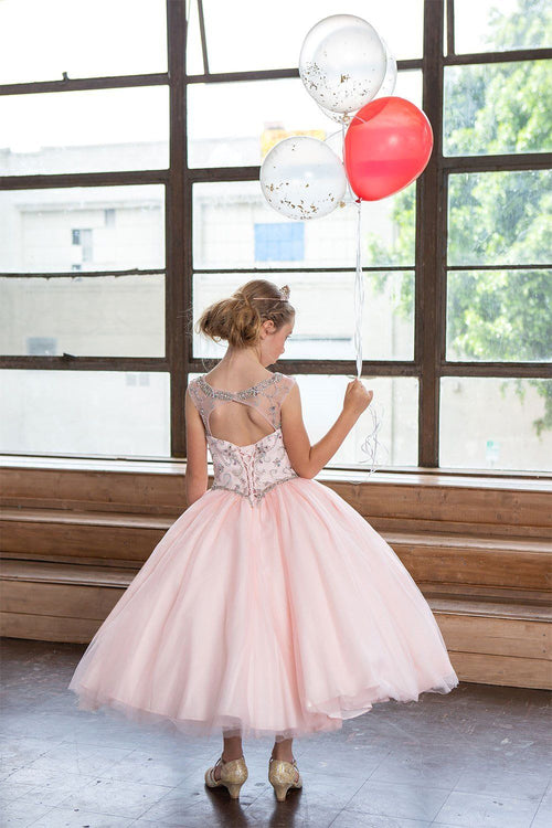 Girls Long Beaded Illusion Dress with A-Line Skirt by Calla KY220