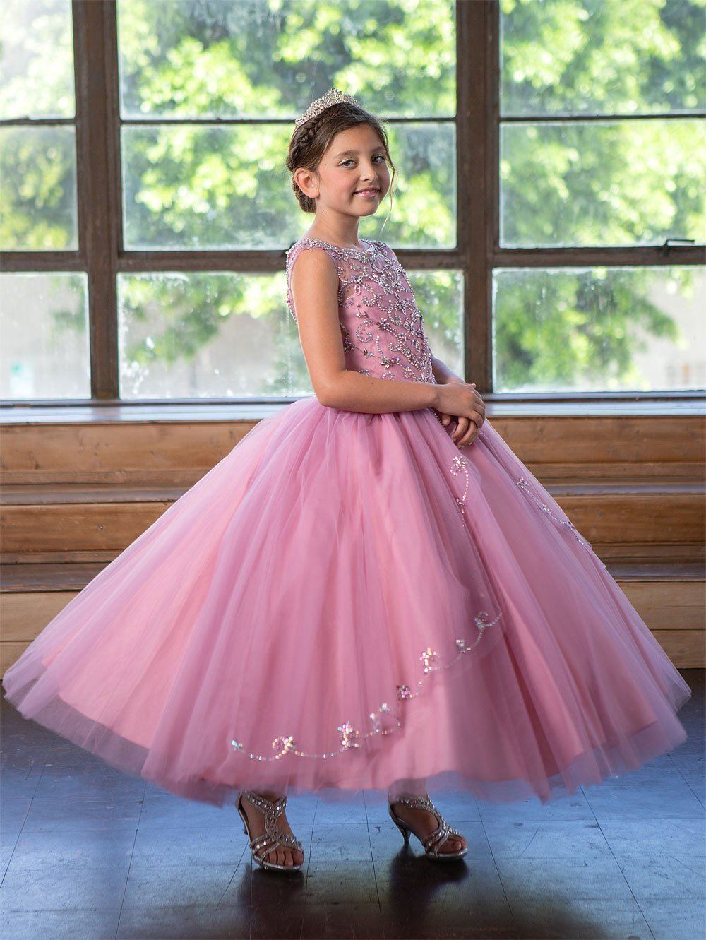 Girls Long Beaded Illusion Dress with A-Line Skirt by Calla KY220