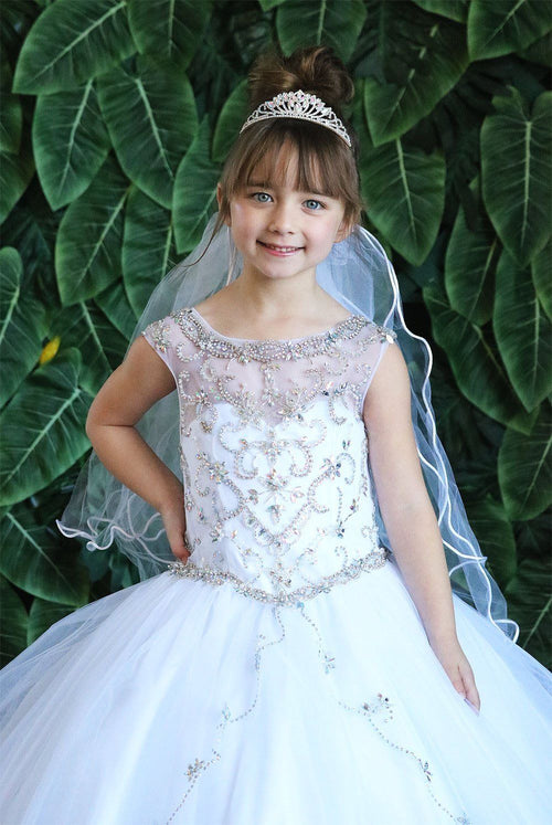 Girls Long Beaded Illusion Dress with A-Line Skirt by Calla KY220