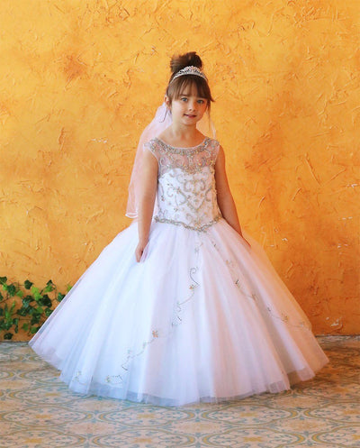 Girls Long Beaded Illusion Dress with A-Line Skirt by Calla KY220