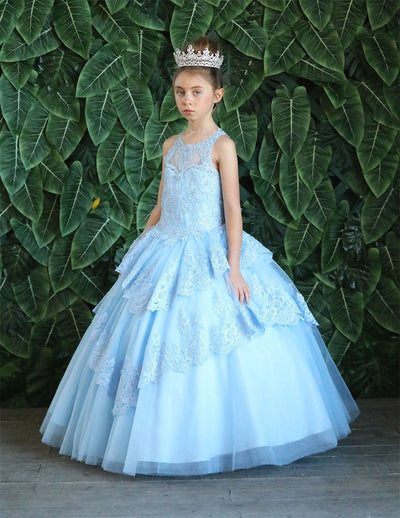 Girls Long Beaded Lace Dress with Glitter Skirt by Calla KY224
