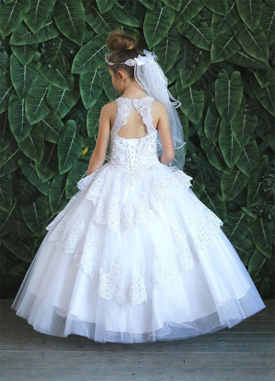 Girls Long Beaded Lace Dress with Glitter Skirt by Calla KY224