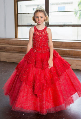 Girls Long Beaded Lace Dress with Glitter Skirt by Calla KY224