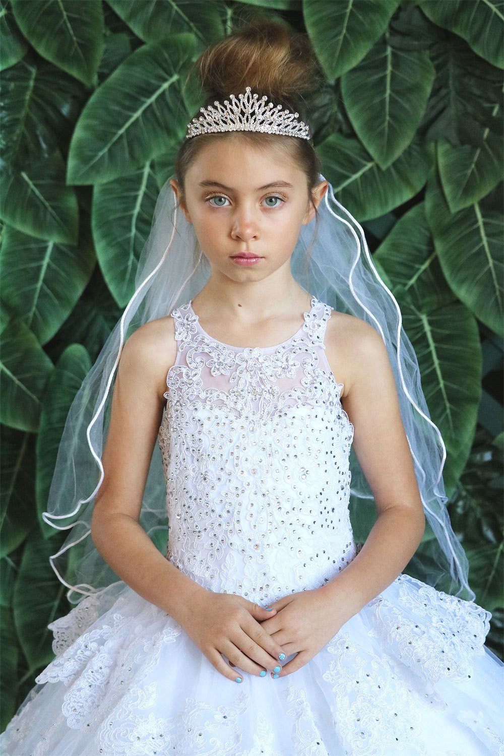 Girls Long Beaded Lace Dress with Glitter Skirt by Calla KY224