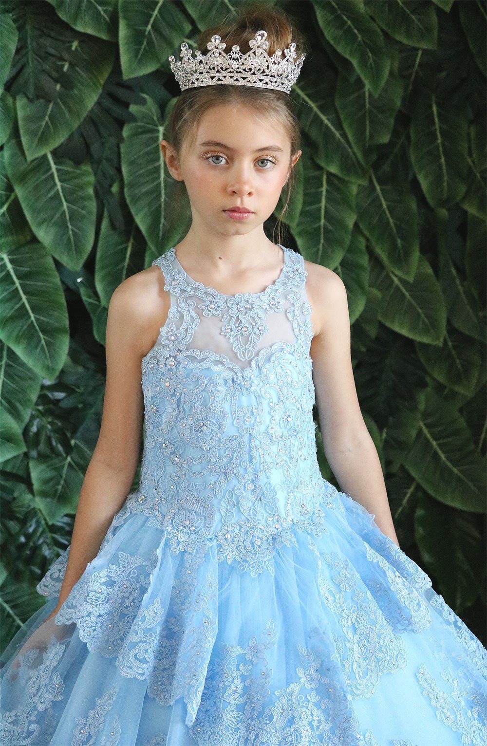 Girls Long Beaded Lace Dress with Glitter Skirt by Calla KY224
