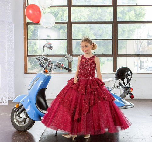 Girls Long Beaded Lace Dress with Glitter Skirt by Calla KY224