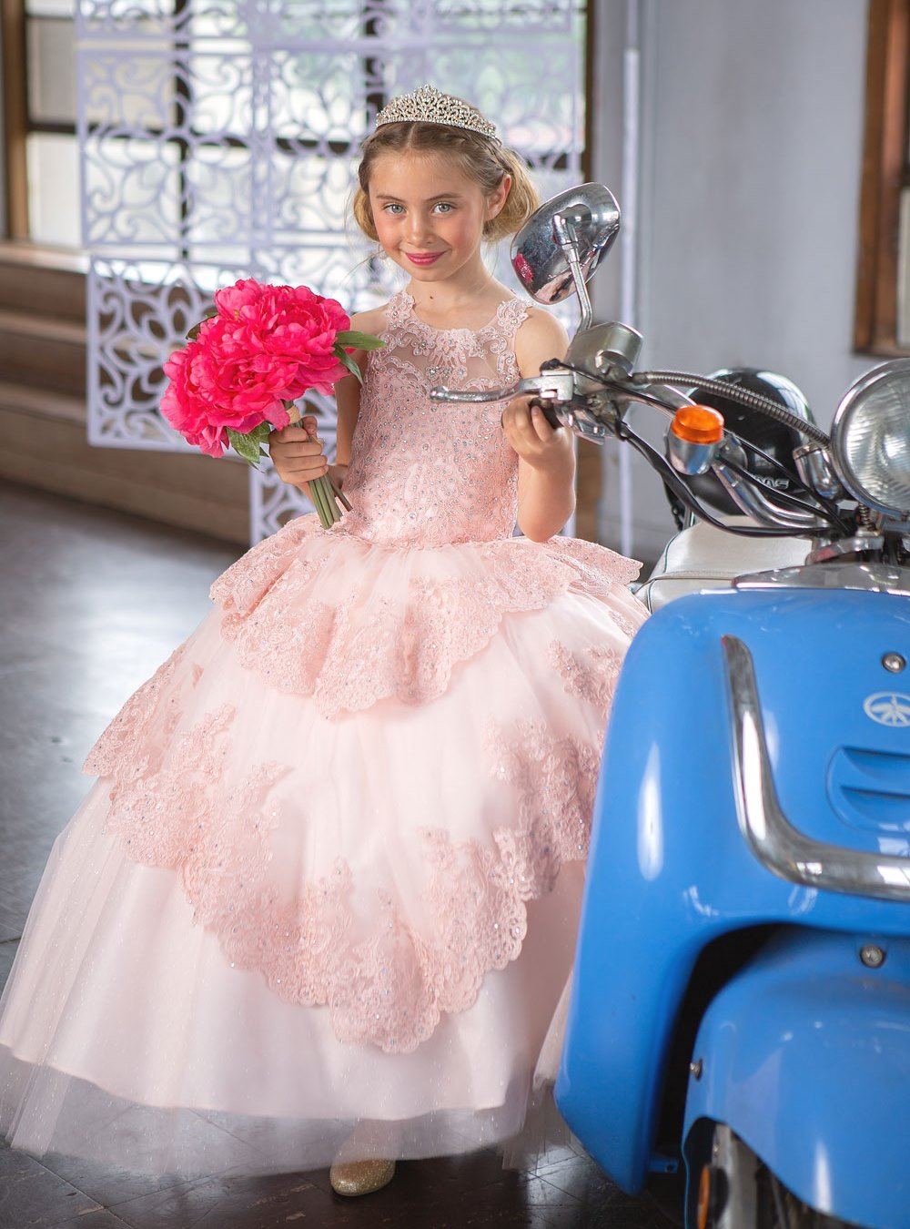 Girls Long Beaded Lace Dress with Glitter Skirt by Calla KY224