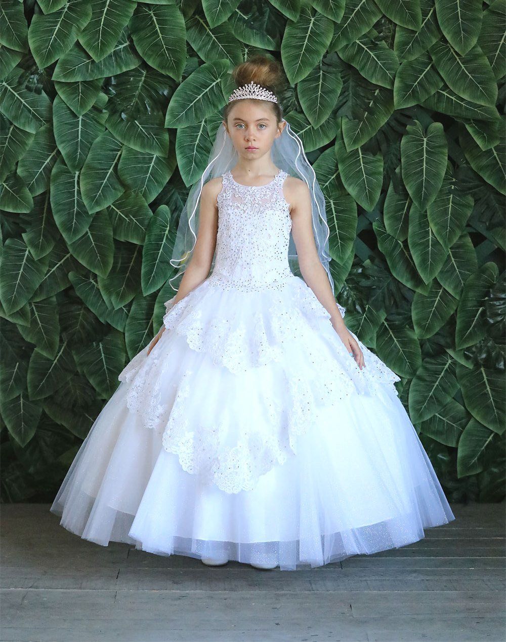 Girls Long Beaded Lace Dress with Glitter Skirt by Calla KY224