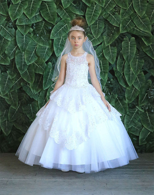 Girls Long Beaded Lace Dress with Glitter Skirt by Calla KY224