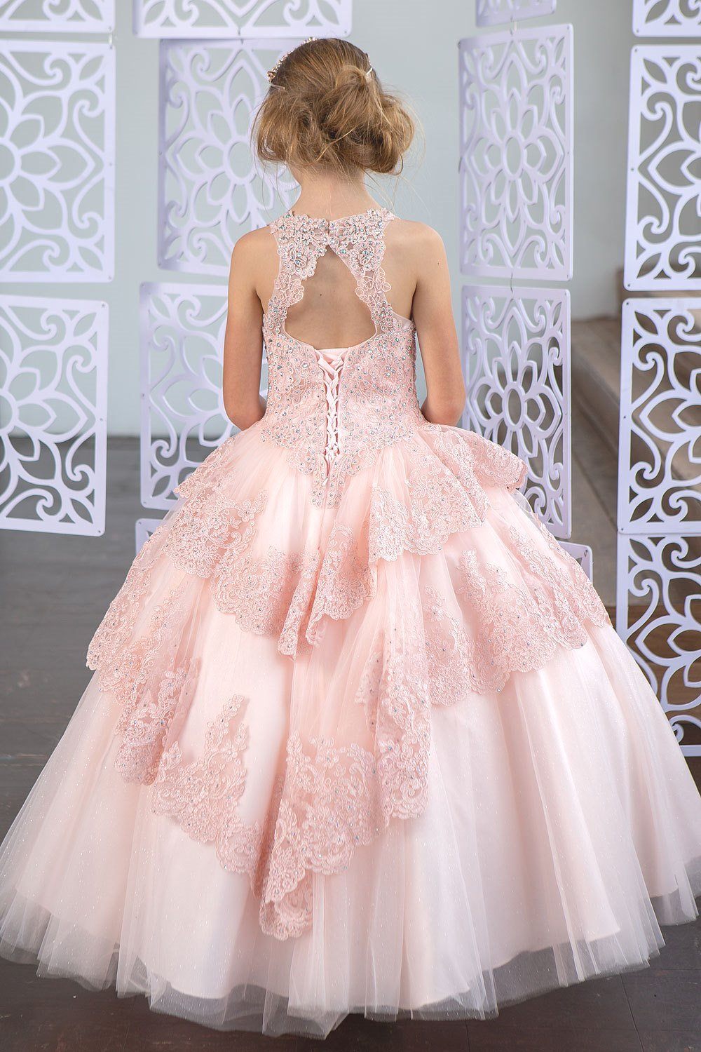 Girls Long Beaded Lace Dress with Glitter Skirt by Calla KY224