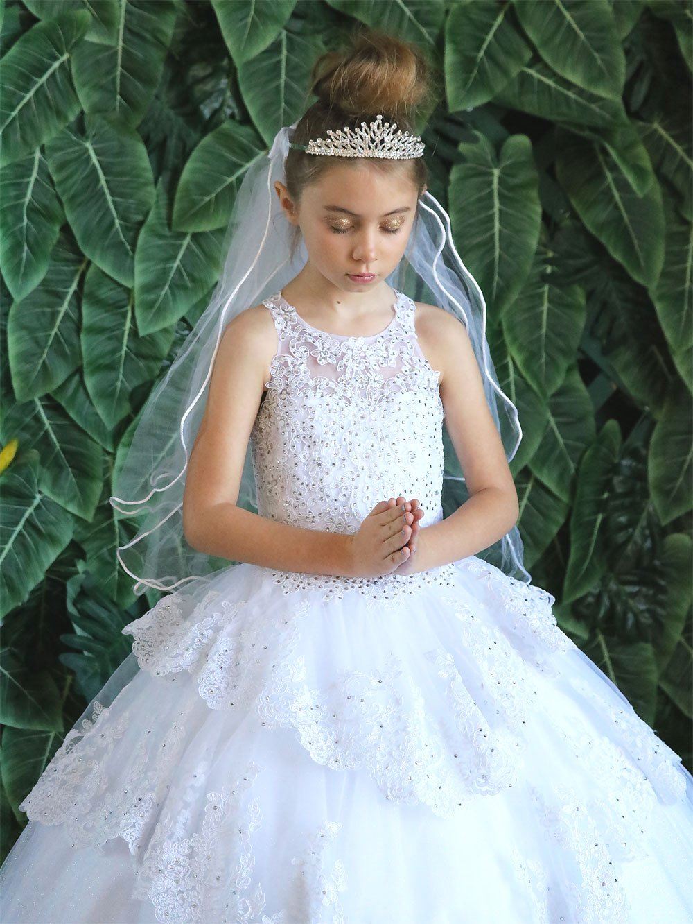 Girls Long Beaded Lace Dress with Glitter Skirt by Calla KY224