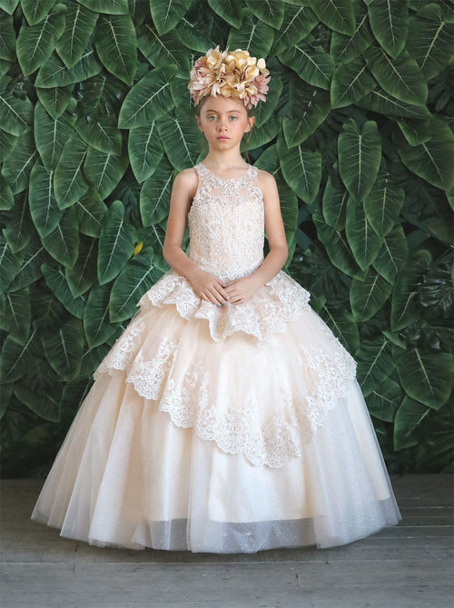 Girls Long Beaded Lace Dress with Glitter Skirt by Calla KY224