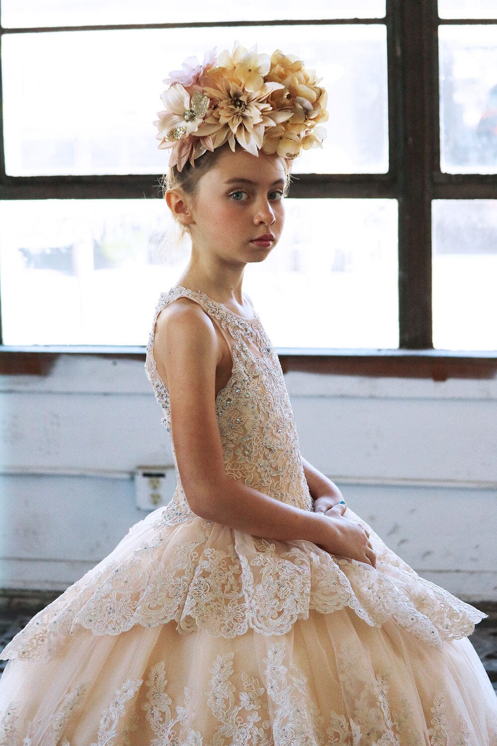 Girls Long Beaded Lace Dress with Glitter Skirt by Calla KY224
