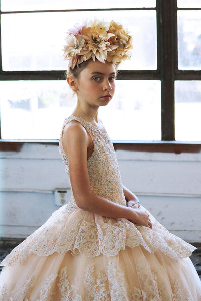 Girls Long Beaded Lace Dress with Glitter Skirt by Calla KY224