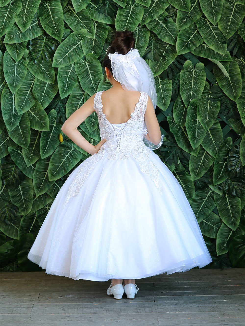 Girls Long Lace Applique Dress with Glitter Skirt by Calla KY221